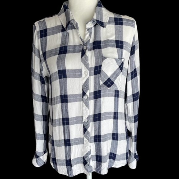 Rails Tops - RAILS: Women's White & Blue Plaid Long Sleeve Button Up Shirt - Size S